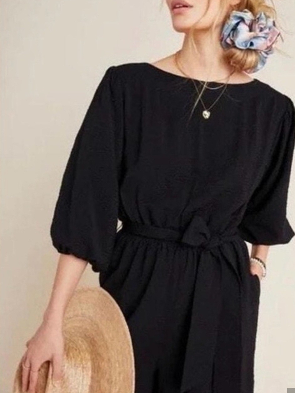 Anthro Black Belted Puff-Sleeve ROMPER